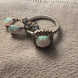 Elegant Silver, Opal & Diamond Ring Set